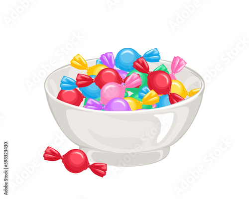 Candy in colorful wrappers in bowl. Vector cartoon illustration of bright sweets.