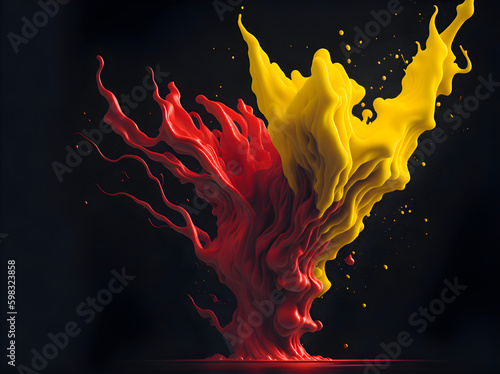 Red and yellow ink paint art on black background. Created using generative AI.