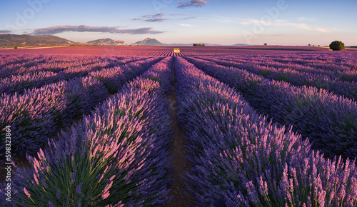 Lavender fields with last rays of sunset in Provence. Valensole Plateau in summer. Alpes-de-Haute-Provence, France