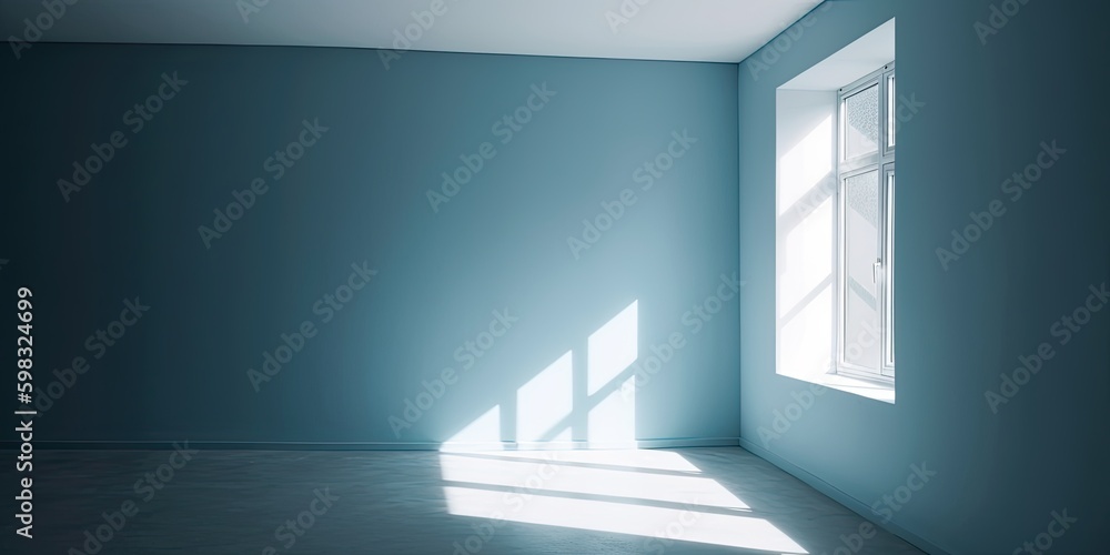 Fototapeta premium Minimalistic light blue wall in an empty room for presentation background. Elegant lighting with abstract shadows. - Generative AI 