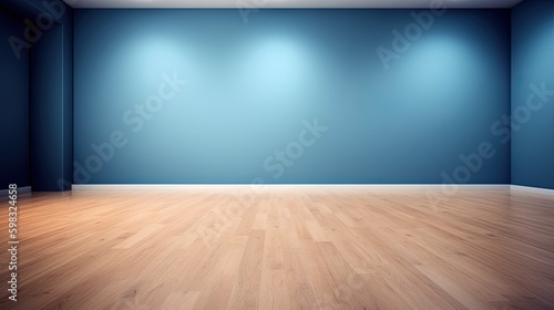 Minimalistic light blue wall in an empty room for presentation background. Elegant lighting with abstract shadows. - Generative AI  © meredith blaché 