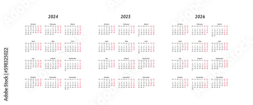 Calendar 2024, 2025 and 2026, week start Monday. Vector corporate design planner