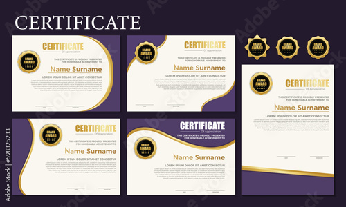 Award template certificate  gold color and blue gradient. Contains a modern certificate with a gold badge.