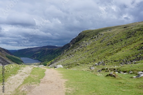 Hking trail in the cloudy landscape of Ireland