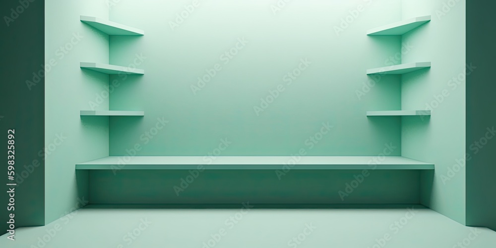 Minimalistic light green wall in an empty room for presentation background. Elegant lighting with abstract shadows. - Generative AI Minimalistic light green wall in an empty room for presentation background. Elegant lighting with abstract shadows. - Generative AI