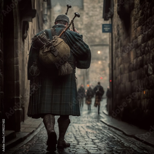 Scottish man with bagpipes. Generative AI. © DALU11