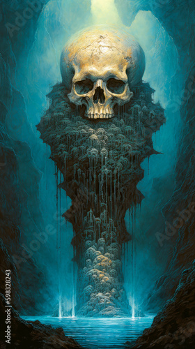 Epic Skull Cascading Waterfall Surreal, Gothic, Macabre, Haunting Background A Dark Masterpiece AI Generated   © Techtopia Art