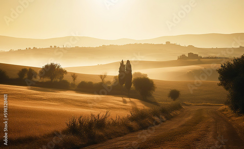 Fairytale, misty morning in the most picturesque part of Tuscany, val de orcia valleys. Background of tuscan landscape summer morning sunrise, in the style of light beige and amber, spatial. AI