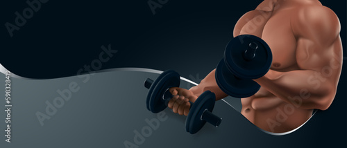 Visual drawing of bodybuilding fitness club banner ads, concept healthy young strong handsome man lifting weights elements doing exercises with dumbbell on black background for vector illustration