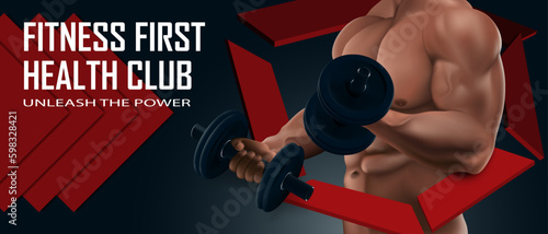 Visual drawing of bodybuilding fitness club banner ads, concept healthy young strong handsome man lifting weights elements doing exercises with dumbbell on black background for vector illustration