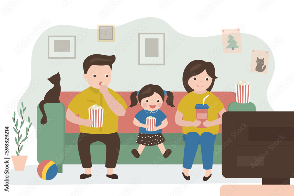 Family sit on sofa in living room and watch tv. Weekend time. Parents and daughter eat popcorn and drinks. Entertainment, happy people watching their favorite movie or TV series.