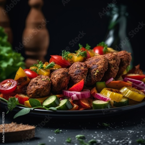 vegan kebab made with seitan and colorful vegetables on a plate