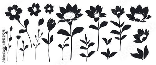 Abstract vector flowers and leaves. Black plant elements isolated on white background