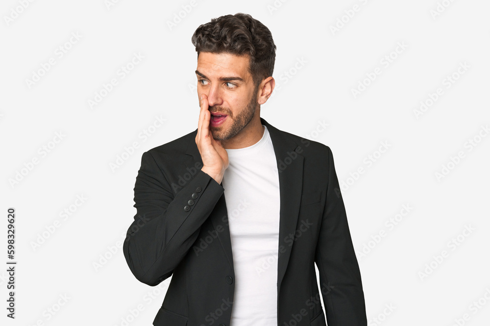 Young business man is saying a secret hot braking news and looking aside Young business man is saying a secret hot braking news and looking aside
