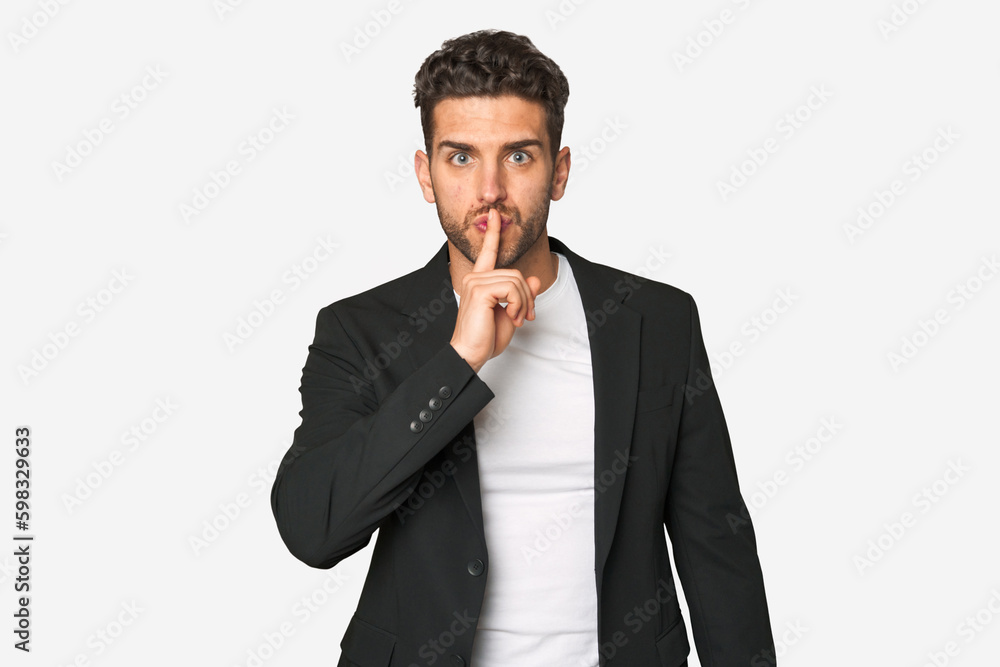 Young business man keeping a secret or asking for silence. Young business man keeping a secret or asking for silence.