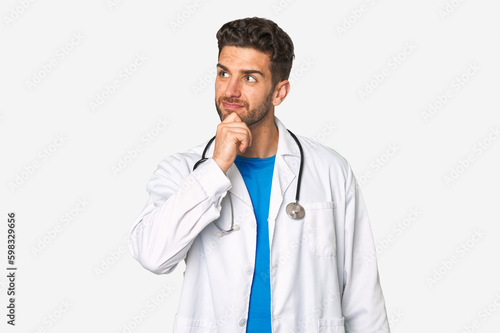 Young doctor man looking sideways with doubtful and skeptical expression. Young doctor man looking sideways with doubtful and skeptical expression.
