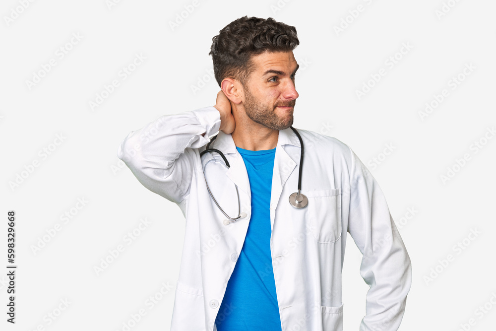 Young doctor man touching back of head, thinking and making a choice. Young doctor man touching back of head, thinking and making a choice.