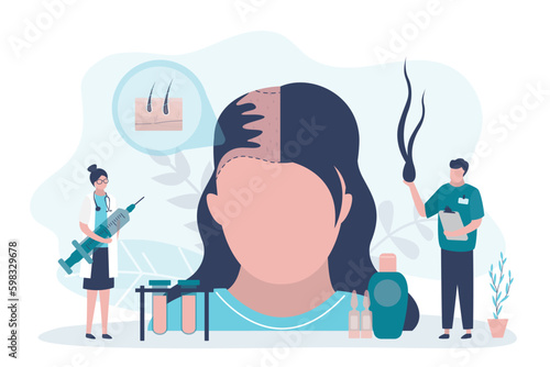 Plastic surgery, hair receding, loss problem, medical health. Tiny doctor characters around huge female head making hair transplantation procedure. Trichological examination.