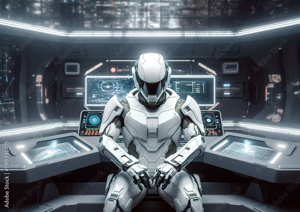 The interior of a modern spaceship of the future, with command and control units and a robot captain on board.Sci-fi futuristic vision of future technology.AI generated illustration. The interior of a modern spaceship of the future, with command and control units and a robot captain on board.Sci-fi futuristic vision of future technology.AI generated illustration.