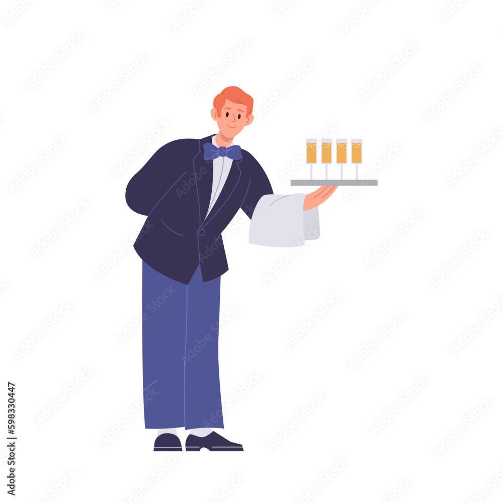 Male waiter character in uniform holding drinks on tray standing isolated on white background Generative AI Male waiter character in uniform holding drinks on tray standing isolated on white background Generative AI