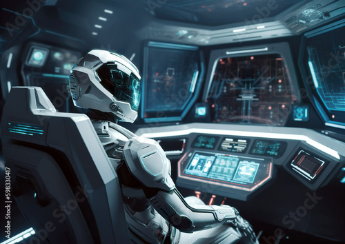  This AI-generated image depicts an astronaut in a futuristic spaceship cockpit, surrounded by high-tech control panels and a view of outer space, embodying exploration and advanced technology.