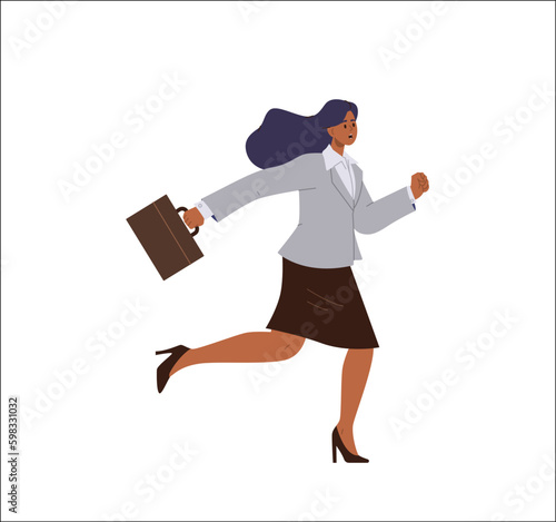 Busy business woman character holding briefcase running fast being late on job isolated on white Generative AI