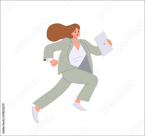 Stressed business woman character holding laptop computer running fast isolated on white background Generative AI