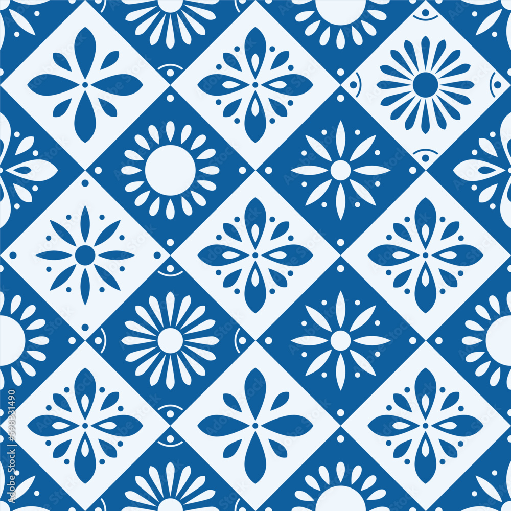 Seamless pattern with traditional ornate decorative tiles. Portuguese ceramic square tiles in blue. Colorful vector illustration. Seamless pattern with traditional ornate decorative tiles. Portuguese ceramic square tiles in blue. Colorful vector illustration.