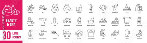 Beauty and spa editable stroke icons set with transparent background. Spa, beauty, care, salon, healthy, facial, massage, therapy, herbal and many more. Vector editorial.