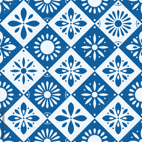Seamless pattern with traditional ornate decorative tiles. Portuguese ceramic square tiles in blue. Colorful vector illustration.