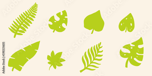 set of tropical leaves handdrawn doodle kid drawing. bold element. isolated images. eps 10