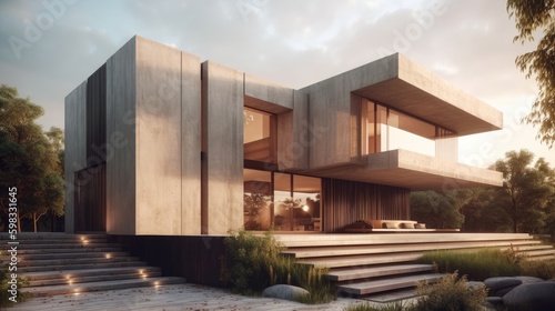 Sleek lines and monochromatic color scheme modern house exterior. AI generated
