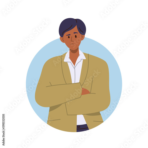 Portrait of pensive uncertain man character crossing hands thinking on business deal making decision Generative AI