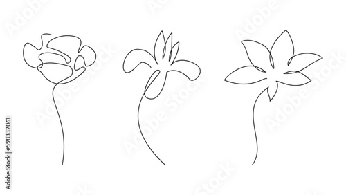 Flower set. Summer concept. Continuous outline style. Vector