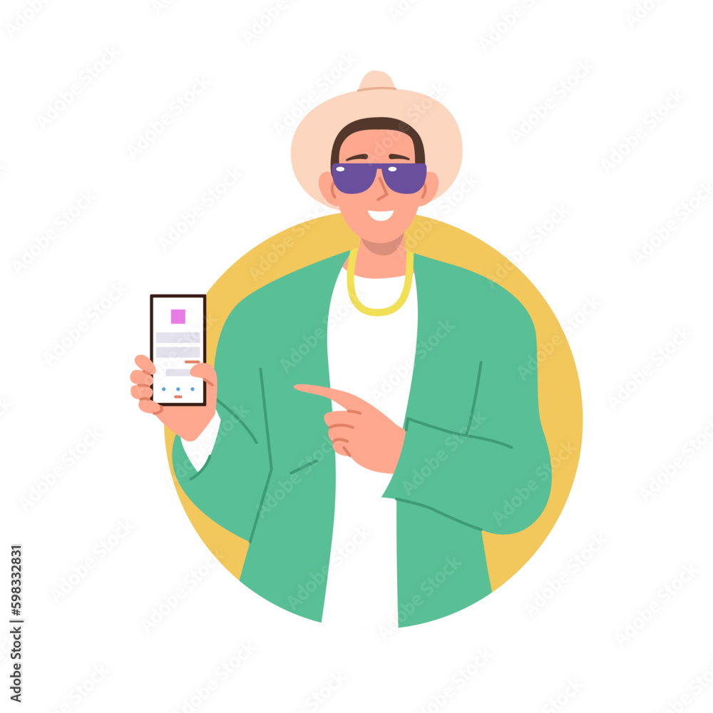 Happy smiling man wearing trendy fashion outfit showing mobile phone screen vector illustration Generative AI