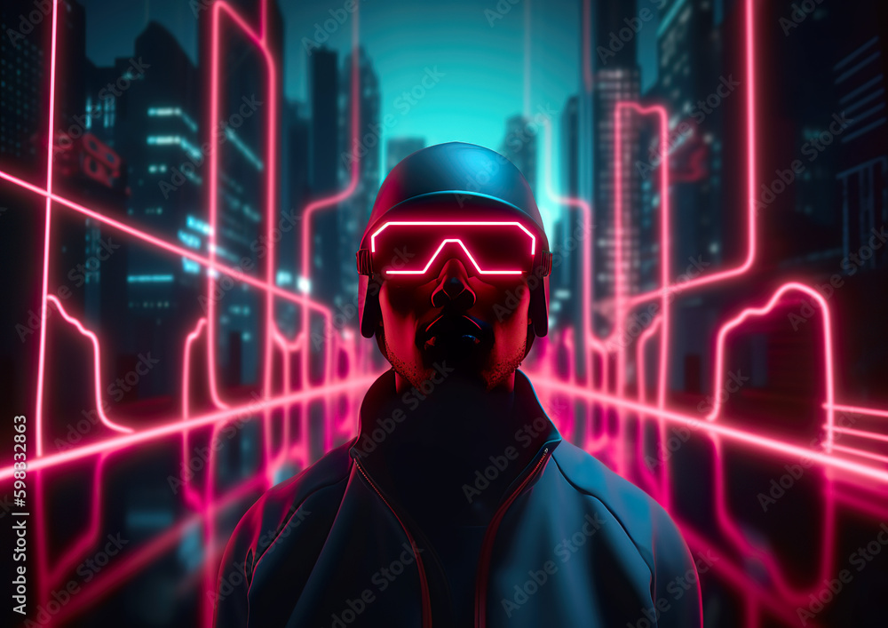 The future is virtual experience technology. Person wearing virtual reality glasses on a futuristic background in cyberspace. AI generated illustration. The future is virtual experience technology. Person wearing virtual reality glasses on a futuristic background in cyberspace. AI generated illustration.