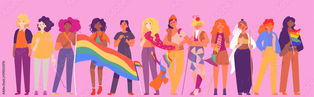 A crowd of people with an LGBTQ+ flag. Human rights peaceful protest. Rainbow banner vector LGBT pride month illustration A crowd of people with an LGBTQ+ flag. Human rights peaceful protest. Rainbow banner vector LGBT pride month illustration