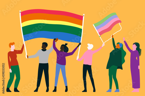 A crowd of people with an LGBTQ+ flag. Human rights peaceful protest. Rainbow banner vector LGBT pride month illustration