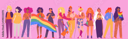 A crowd of people with an LGBTQ+ flag. Human rights peaceful protest. Rainbow banner vector LGBT pride month illustration