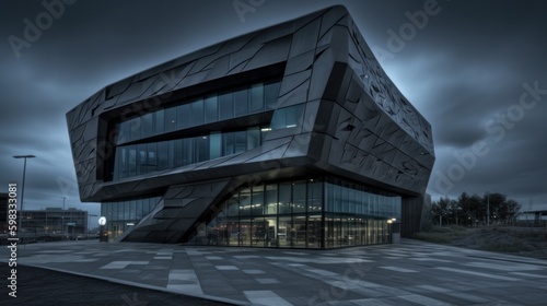 A bold  black exterior with intriguing asymmetrical shapes. House exerior design. AI generated