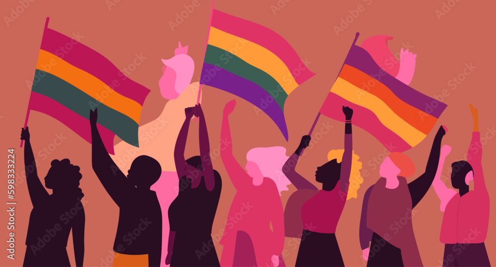 A crowd of people with an LGBTQ+ flag. Human rights peaceful protest. Rainbow banner vector LGBT pride month illustration A crowd of people with an LGBTQ+ flag. Human rights peaceful protest. Rainbow banner vector LGBT pride month illustration