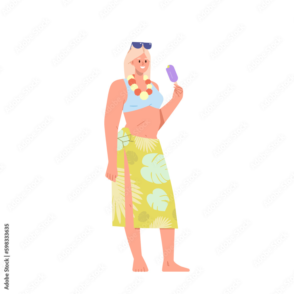 Beautiful woman character wearing hawaiian trendy fashion outfit and accessory eating ice-cream Generative AI Beautiful woman character wearing hawaiian trendy fashion outfit and accessory eating ice-cream Generative AI