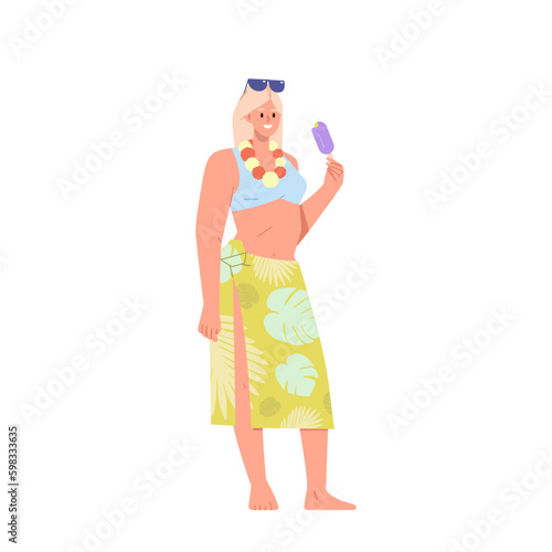 Beautiful woman character wearing hawaiian trendy fashion outfit and accessory eating ice-cream Generative AI