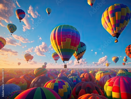 A sky full of colorful hot air balloons decorated in pride flag colors.Generative AI