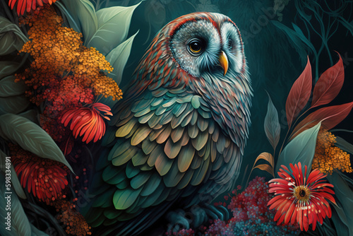 Image of brightly colored owl with colorful tropical flowers. Wild Animals. Birds. illustration. Generative AI.