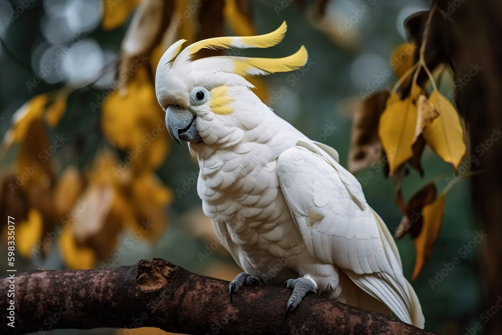 Image of cockatoo bird on a branch on nature background. Birds. Wildlife Animals. Illustration, Generative AI. Image of cockatoo bird on a branch on nature background. Birds. Wildlife Animals. Illustration, Generative AI.
