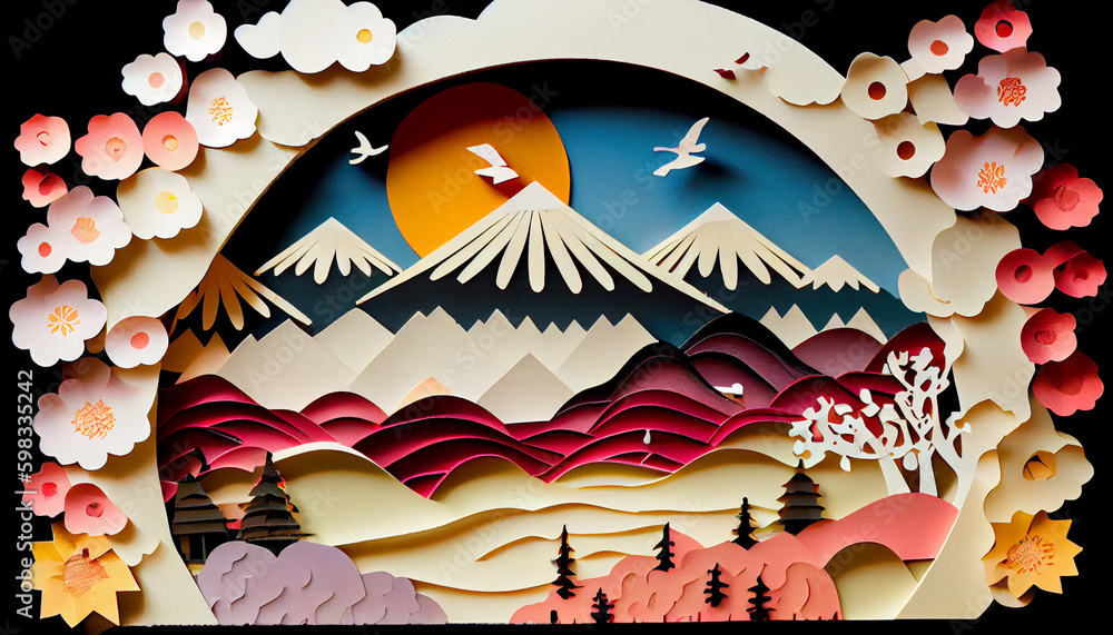 Colorful Paper Cut style pictures of Japan travel