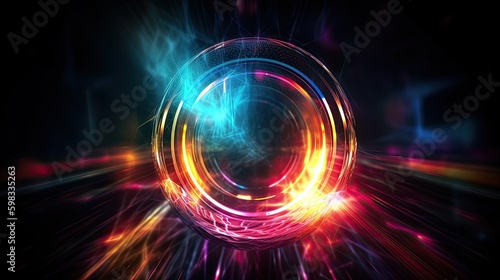 Colorful abstract light rings lens flare. Shining neon burst of glowing solar eclipse.