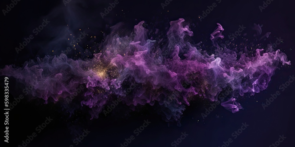 Colorful abstract smoke explosion on dark background. Steam and fog in colorful fantasy purple texture design. 