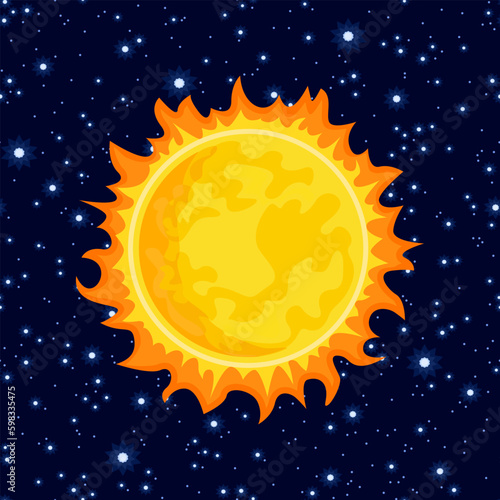 Sun in dark starry sky. Solar System. Vector cartoon illustration. Bright star in space.